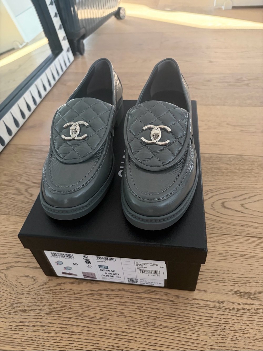 CHANEL Grey Quilted Patent Leather CC-Emblem Loafers